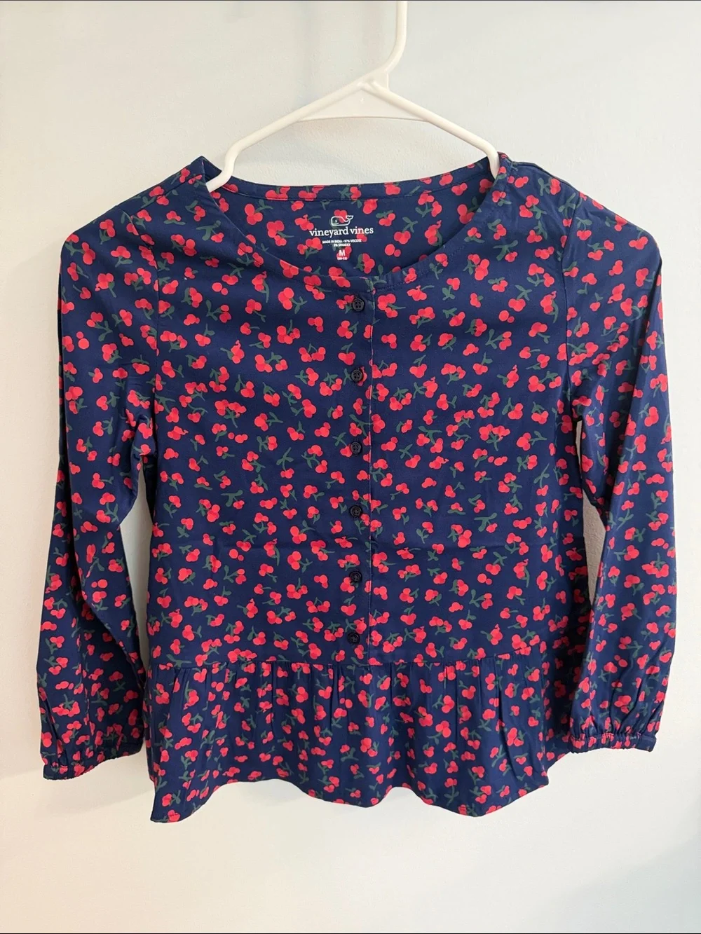 Vineyard Vines Navy Long-Sleeve Button-Front Top with Red Cherry Print
